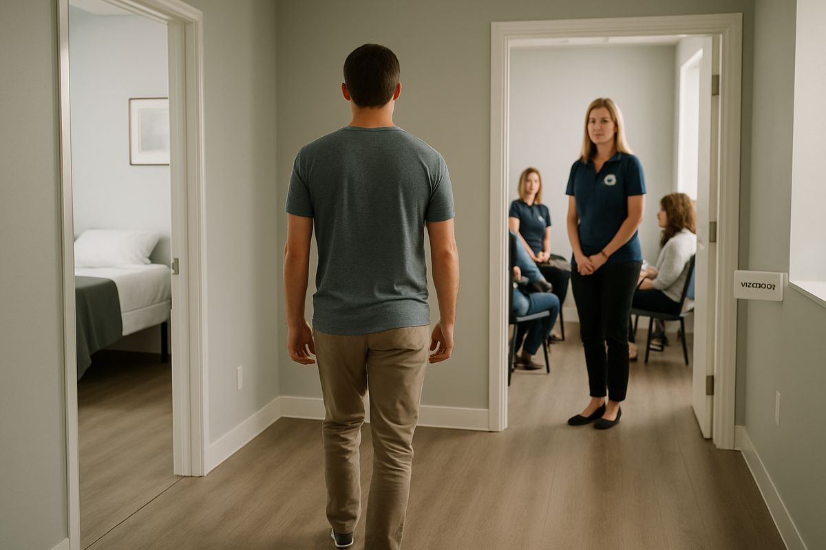 A person in a residential treatment center walking down a quiet hallway toward a therapy room while staff members and a small group session are visible nearby, with neatly made beds and a calm clinic-like setting in the background