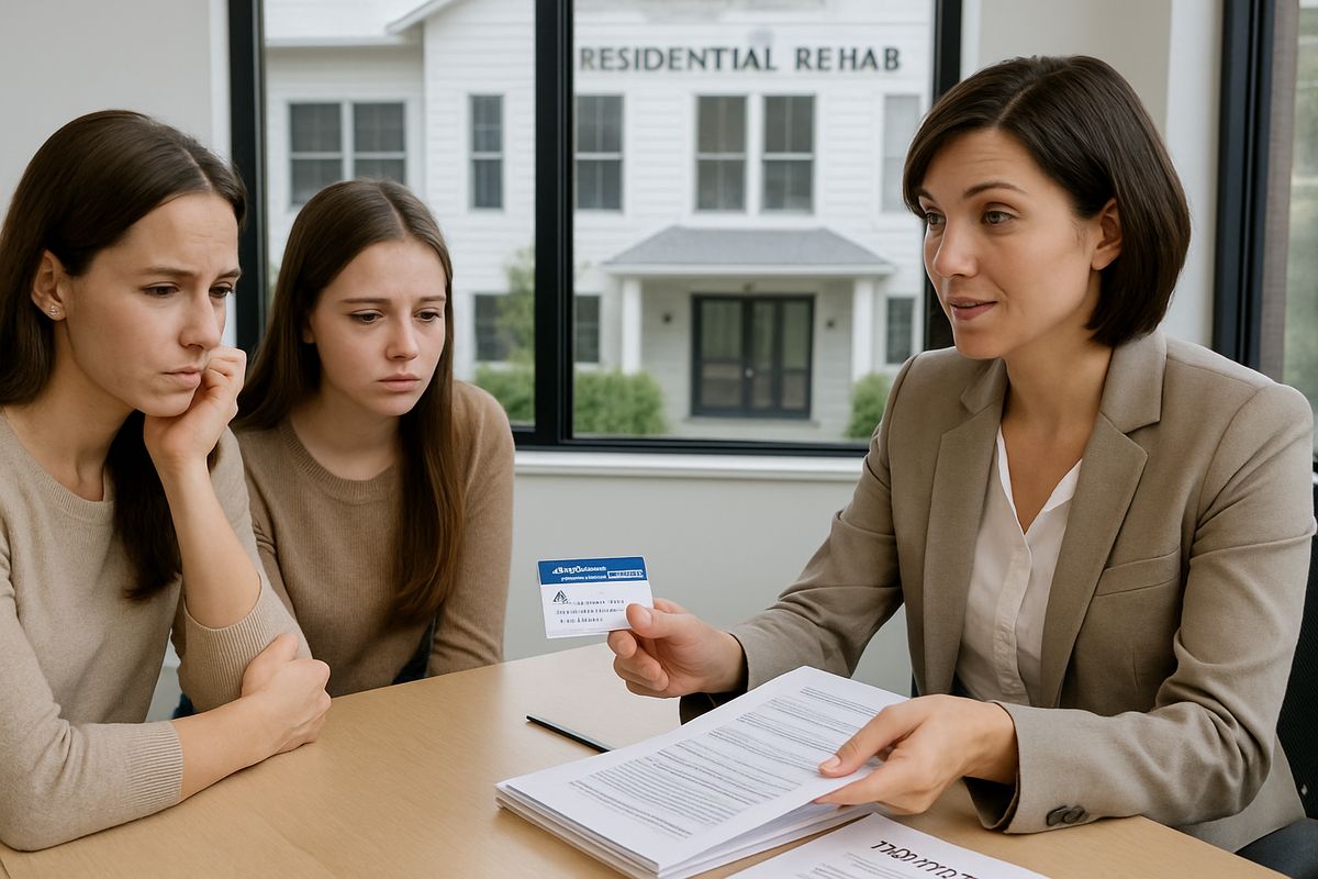 A counselor sitting across from a worried family at a desk, pointing to a health insurance card and a stack of treatment paperwork, with a residential rehab building visible through the window in the background