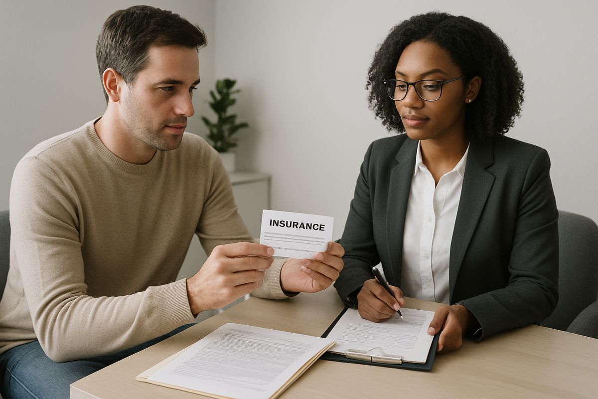 A person sitting with a counselor at a desk while reviewing an insurance card, a folder of treatment paperwork, and a clipboard in a quiet clinic office