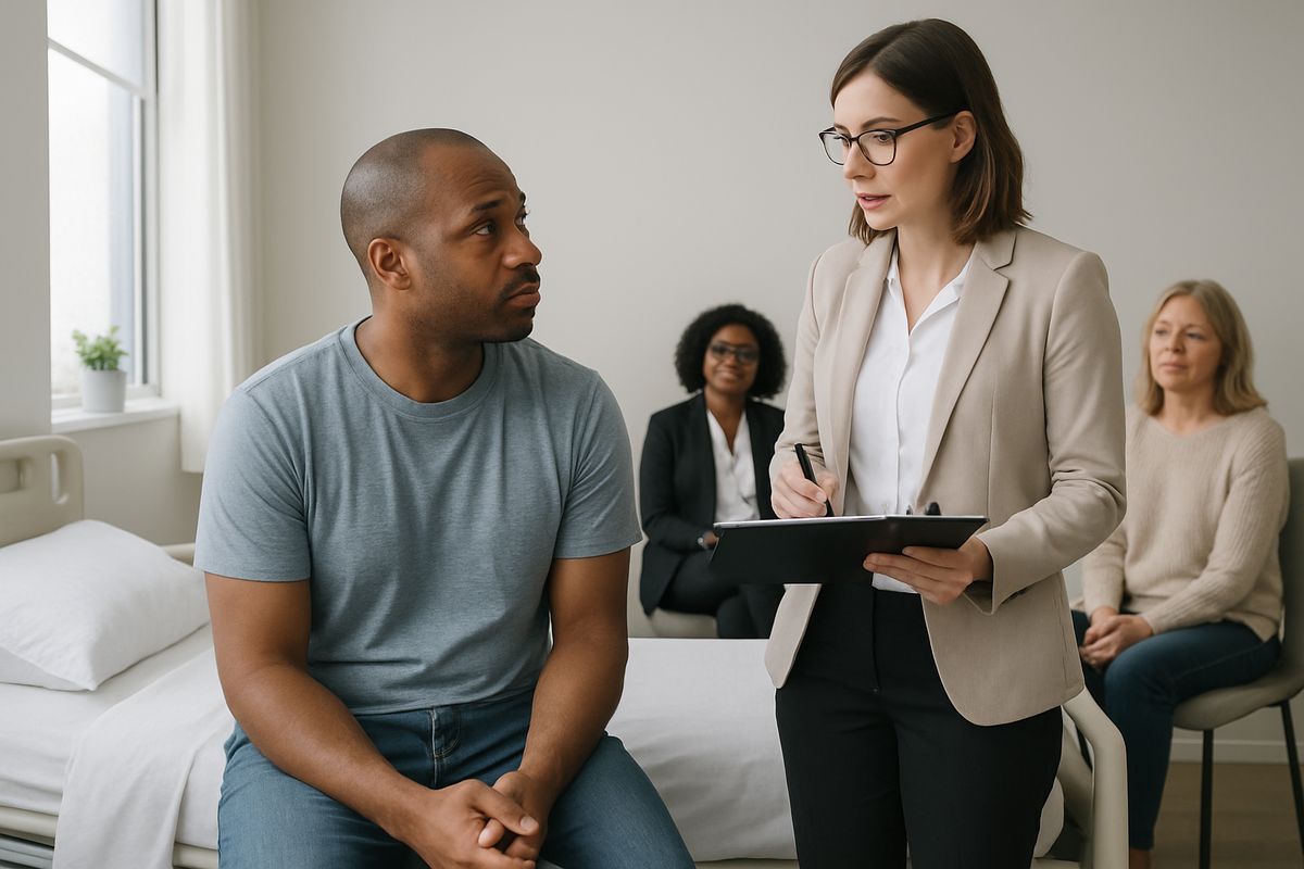 A person sitting on the edge of a hospital-style bed in a quiet residential treatment room while a clinician nearby talks with them and checks a chart, with a counselor and family member visible in the background