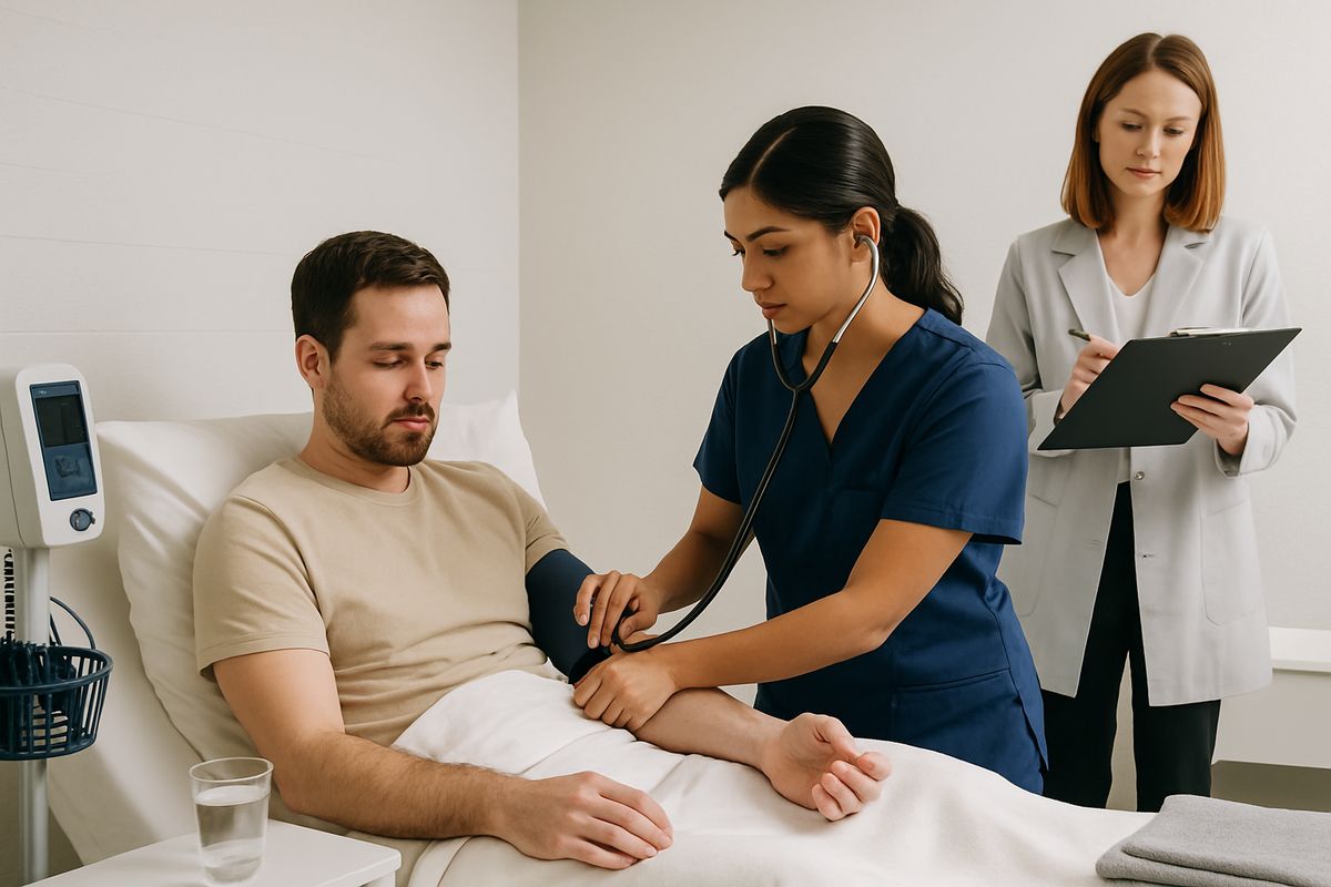 A nurse checking a patient’s blood pressure and pulse at a small medical detox room bedside while another clinician reviews a clipboard, with a water cup, blankets, and monitoring equipment nearby
