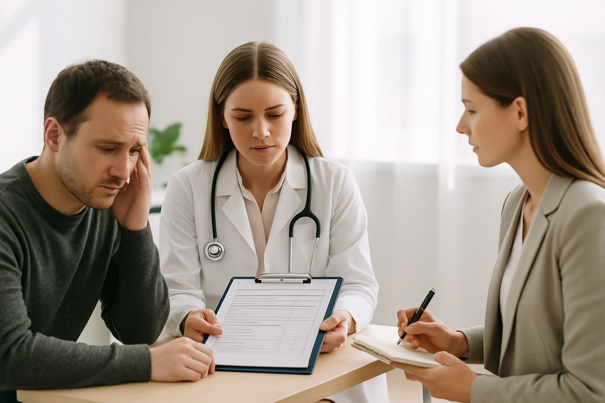 A clinician seated across from a worried adult and family member at a small desk, reviewing a clipboard with assessment forms while a calm counselor takes notes in a bright consultation room