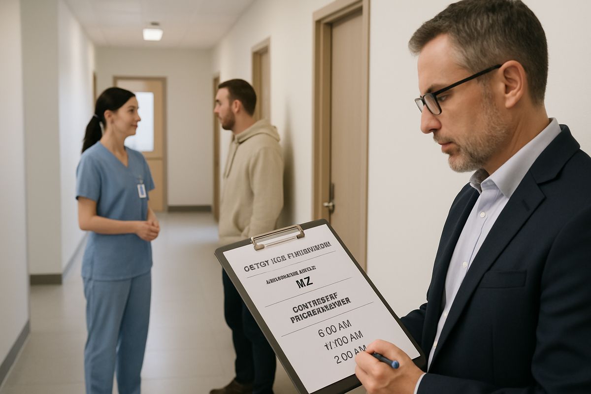 A quiet treatment facility hallway with a nurse speaking to a patient beside a doorway, while a counselor reviews a clipboard showing a detox bed assignment, a residential room, and outpatient appointment times