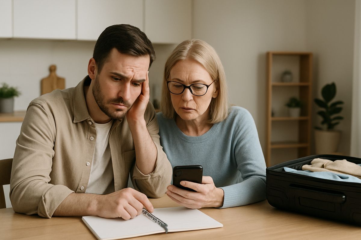 A worried family member sitting with a loved one at a kitchen table, looking over a notebook and a phone while a suitcase is packed nearby, with a quiet home setting in the background that suggests the need for a structured residential program