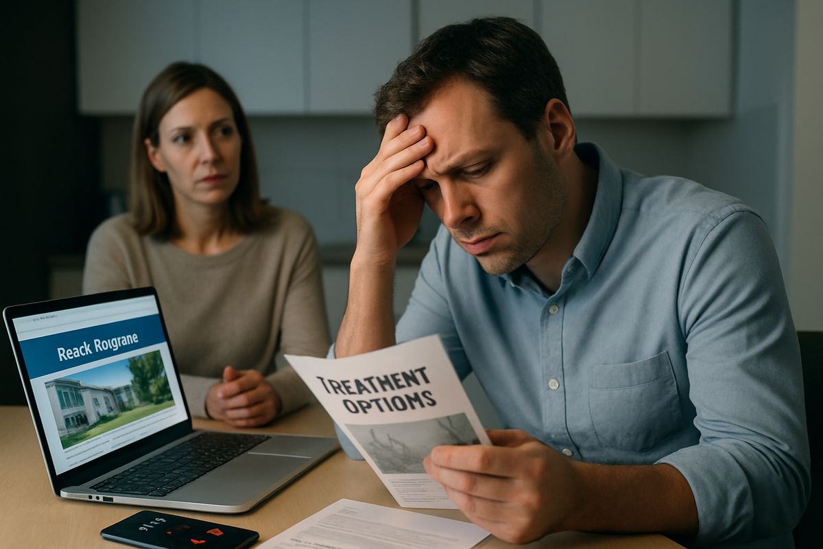 A stressed adult sitting at a kitchen table late at night, comparing printed treatment brochures, a laptop open to rehab program pages, and a phone with missed calls visible, while a family member sits nearby looking concerned