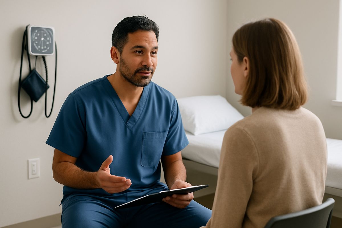 A medical clinician in scrubs speaking calmly with a seated patient in a private treatment room, with a blood pressure cuff, clipboard, and a bed nearby, showing the transition from withdrawal stabilization to ongoing rehab planning