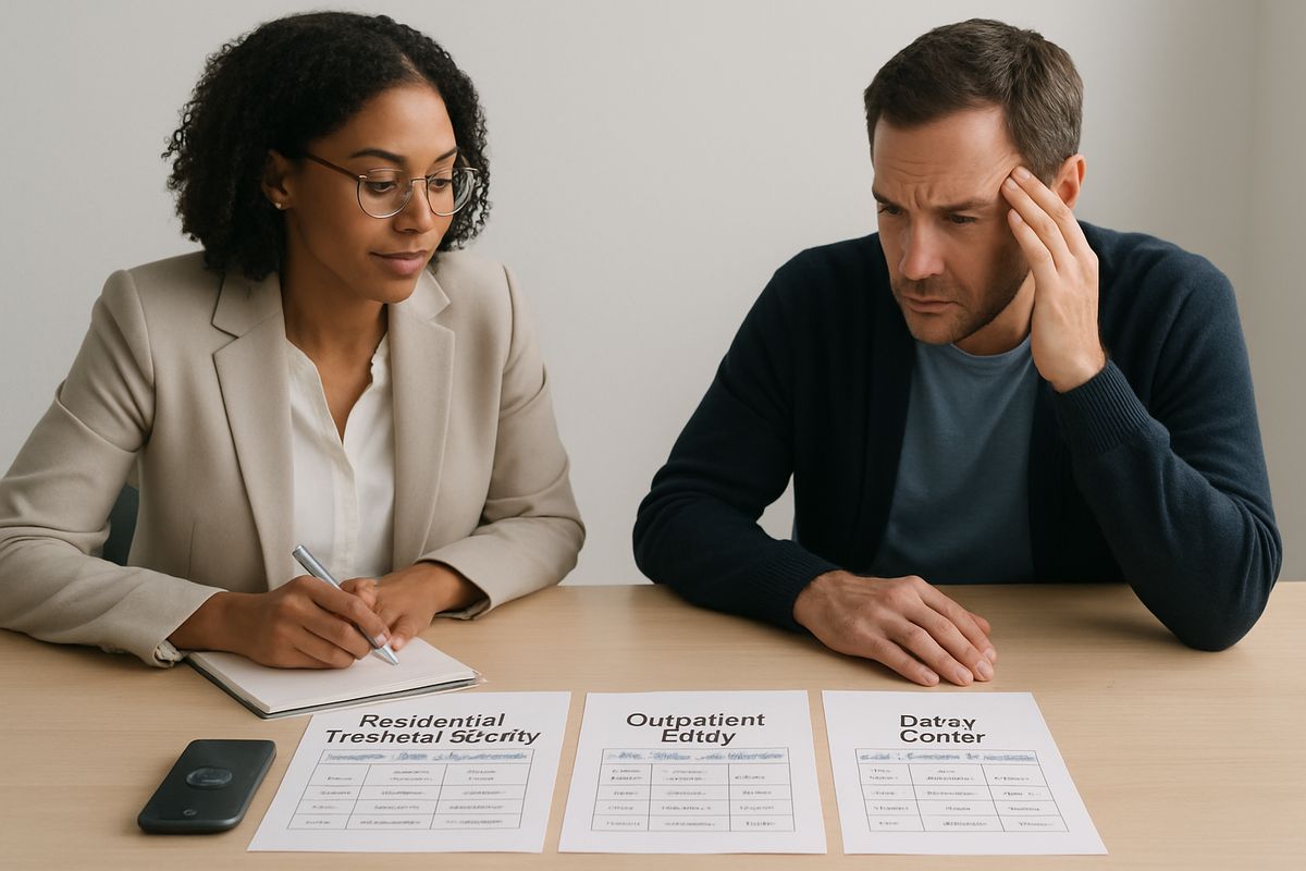 A counselor and a worried family member sitting at a table with a notepad, comparing a residential treatment facility, an outpatient clinic, and a detox center using printed schedules and a phone on speaker