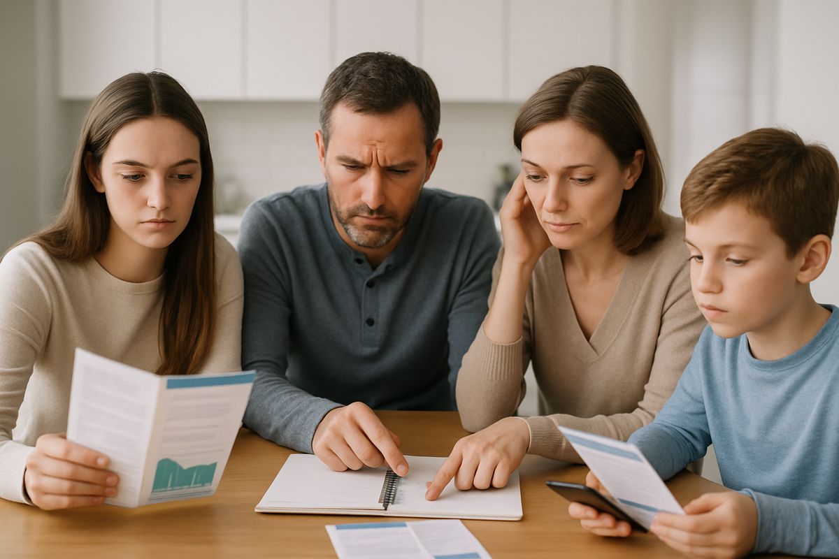 A worried family seated around a kitchen table comparing printed brochures, a notebook, and a smartphone while one person points at notes and another looks thoughtful