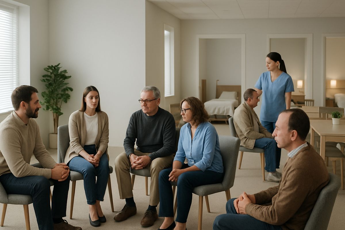 A calm residential treatment facility common room with several adults sitting in a circle during a group therapy session, a nurse checking on one patient nearby, and neatly arranged dining tables and bedrooms visible in the background