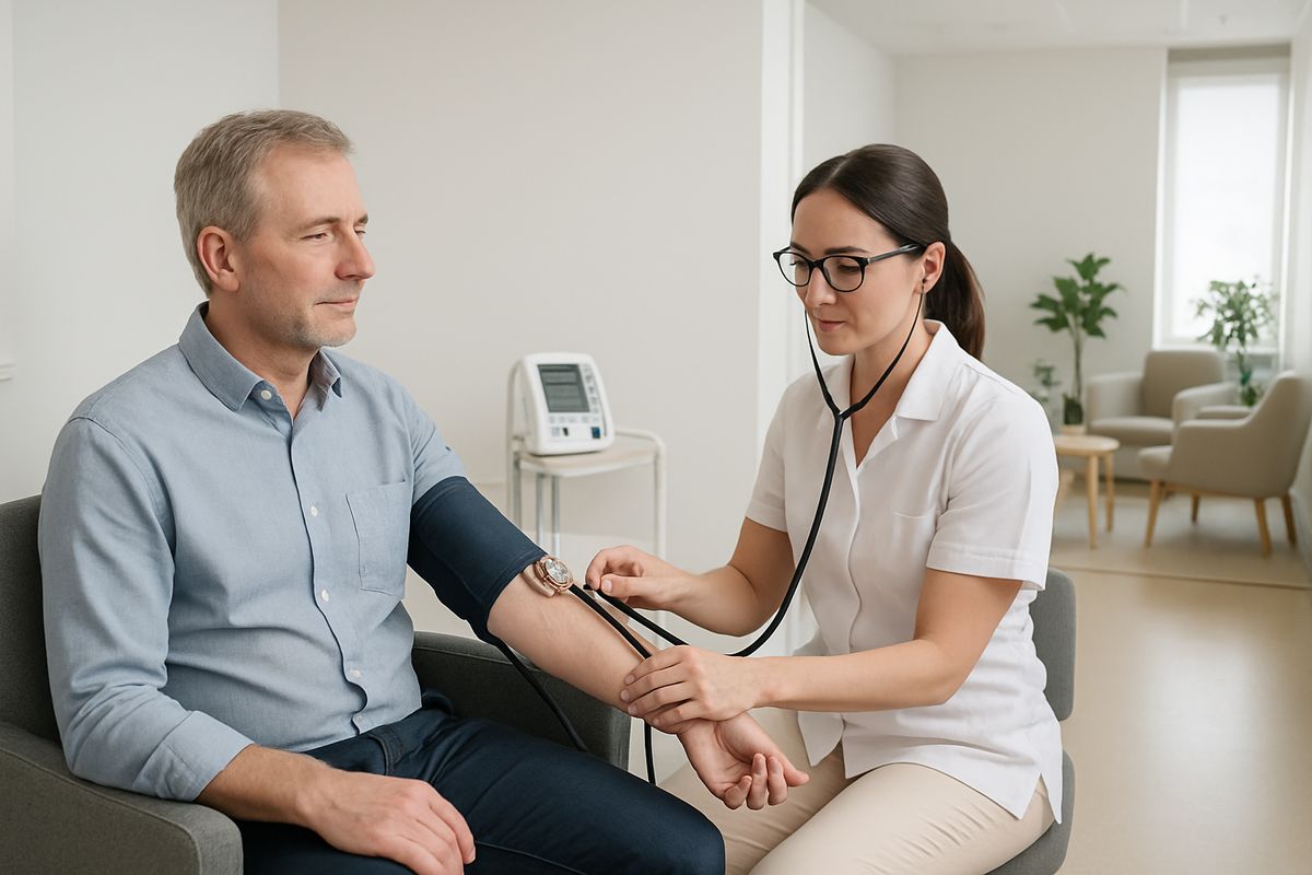 A hospital-style treatment room with a clinician checking a patient’s blood pressure and pulse while the patient sits in a chair, with a calm therapy lounge visible in the background