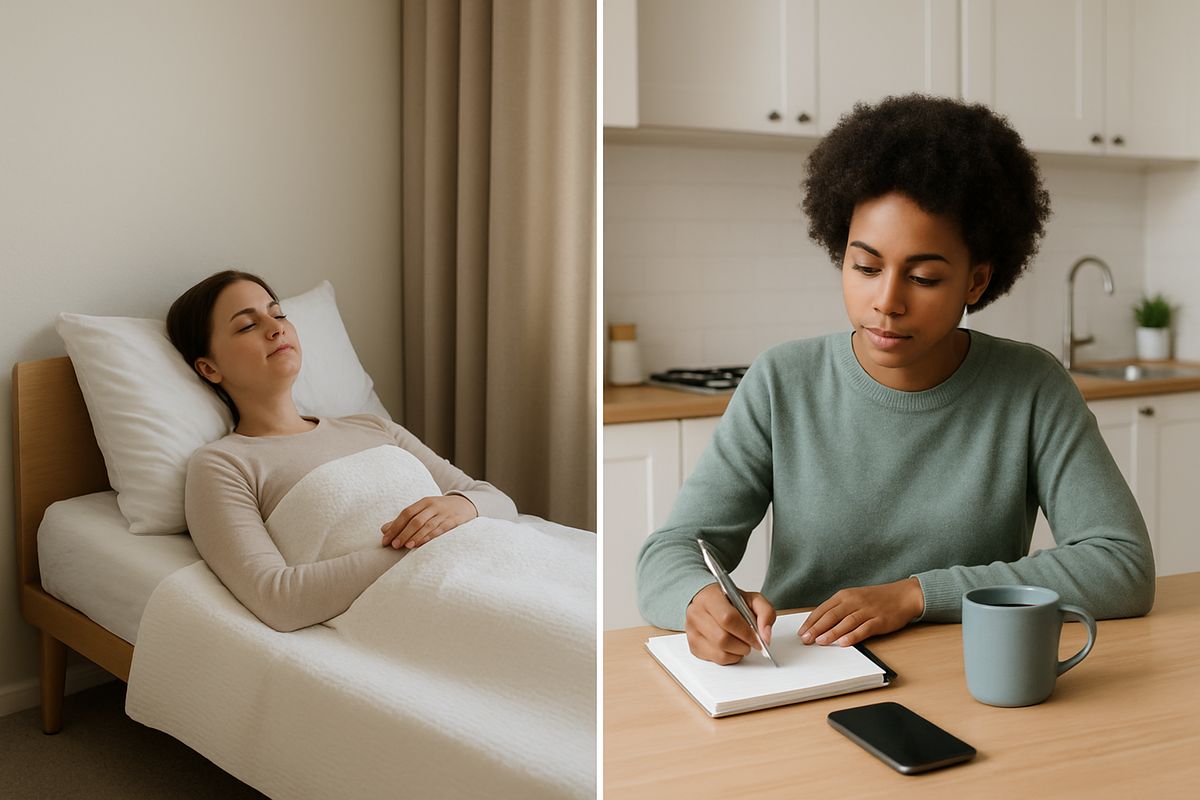 A split scene showing one person resting in a calm residential treatment room with a bed and chair on one side, and another person sitting at a kitchen table at home with a notebook, coffee mug, and phone on the other side