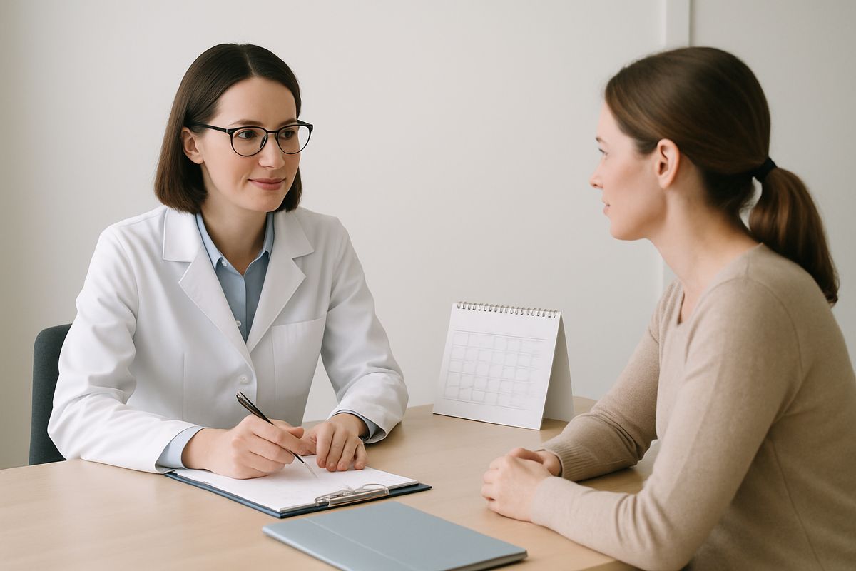 A clinician in a quiet consultation room talking with a patient seated across from them, with a calendar, a clipboard, and a folder of treatment notes on the table between them