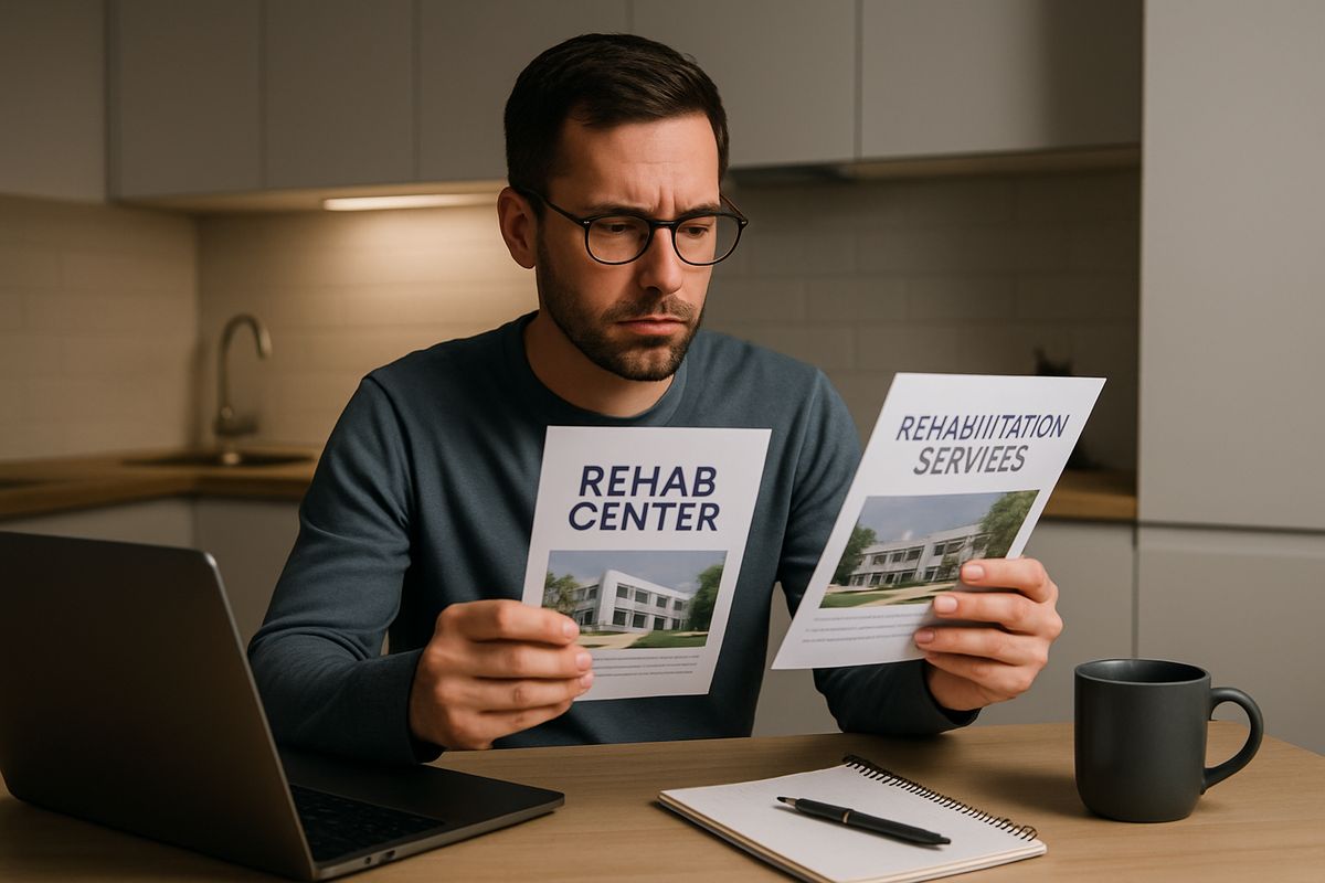 A person sitting at a kitchen table late at night, comparing two rehab brochures with a laptop open beside a mug and a notepad, looking uncertain but focused.