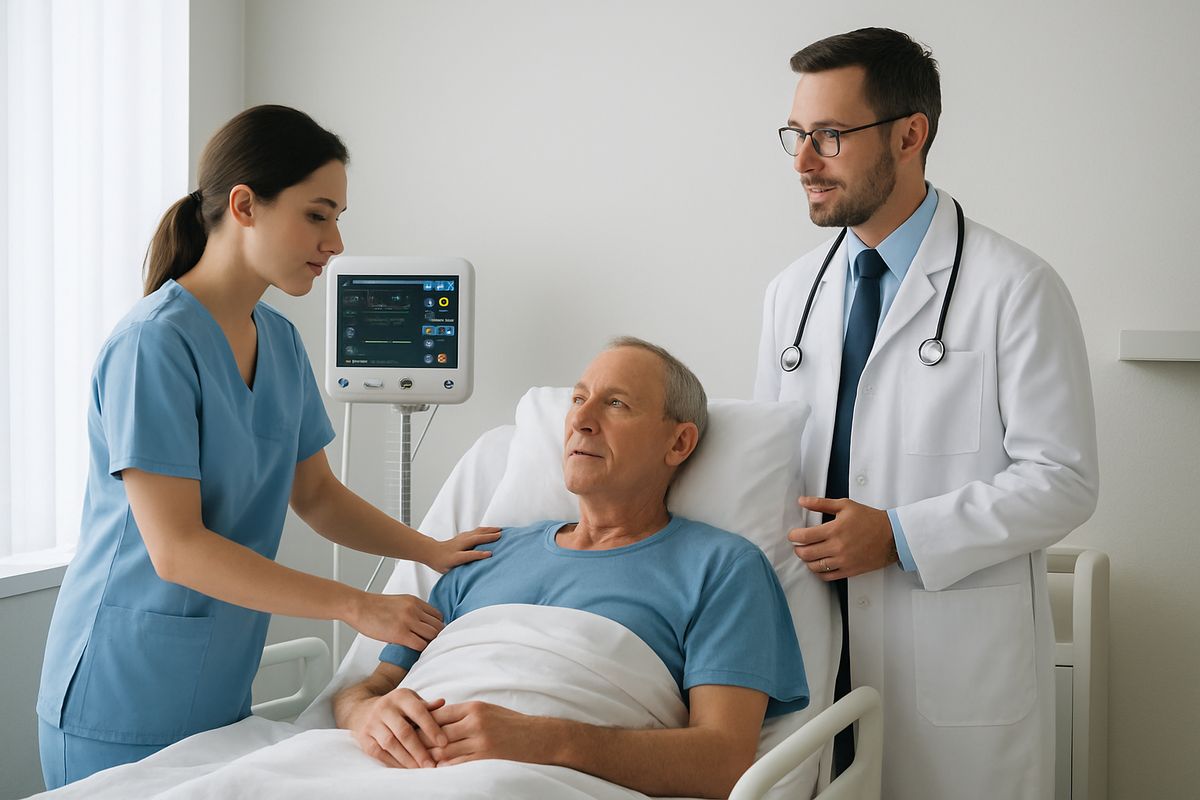 A patient lying in a hospital-style bed while a nurse checks vital signs and a clinician speaks with them calmly in a quiet, supervised room