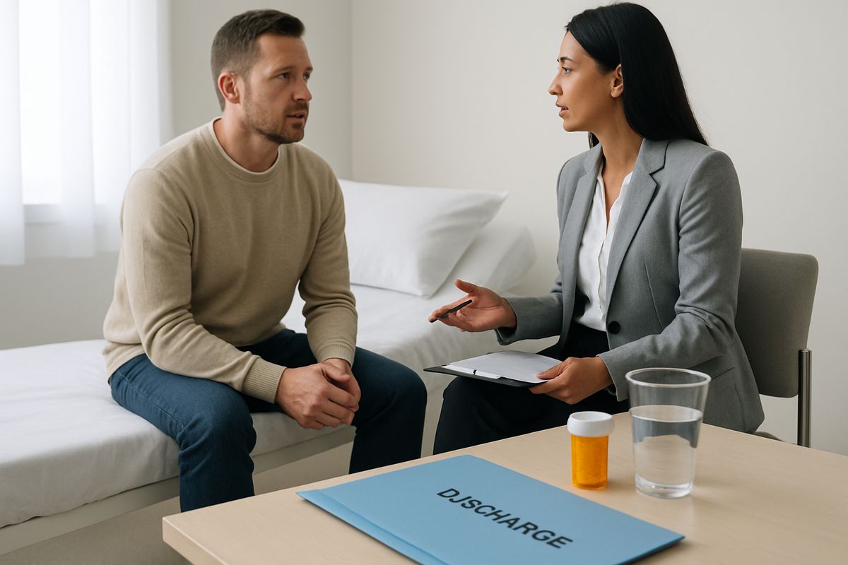 A person sitting on the edge of a clinic bed speaking with a counselor while a discharge folder, pill bottle, and water cup sit on a nearby table