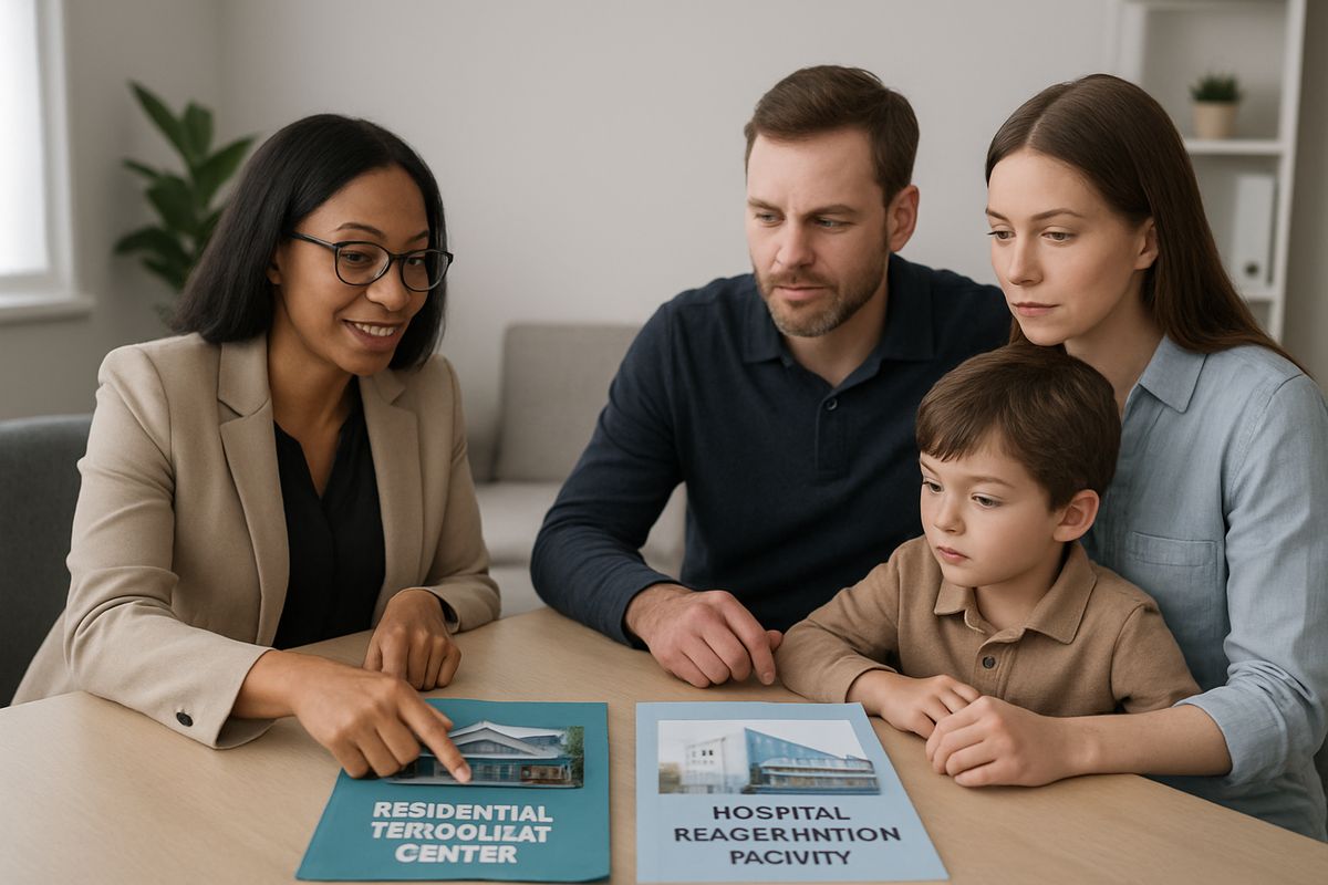 A counselor sitting with a family at a table, pointing to two different folders side by side, one with a residential treatment center brochure and the other with a hospital rehabilitation facility brochure, in a calm office setting