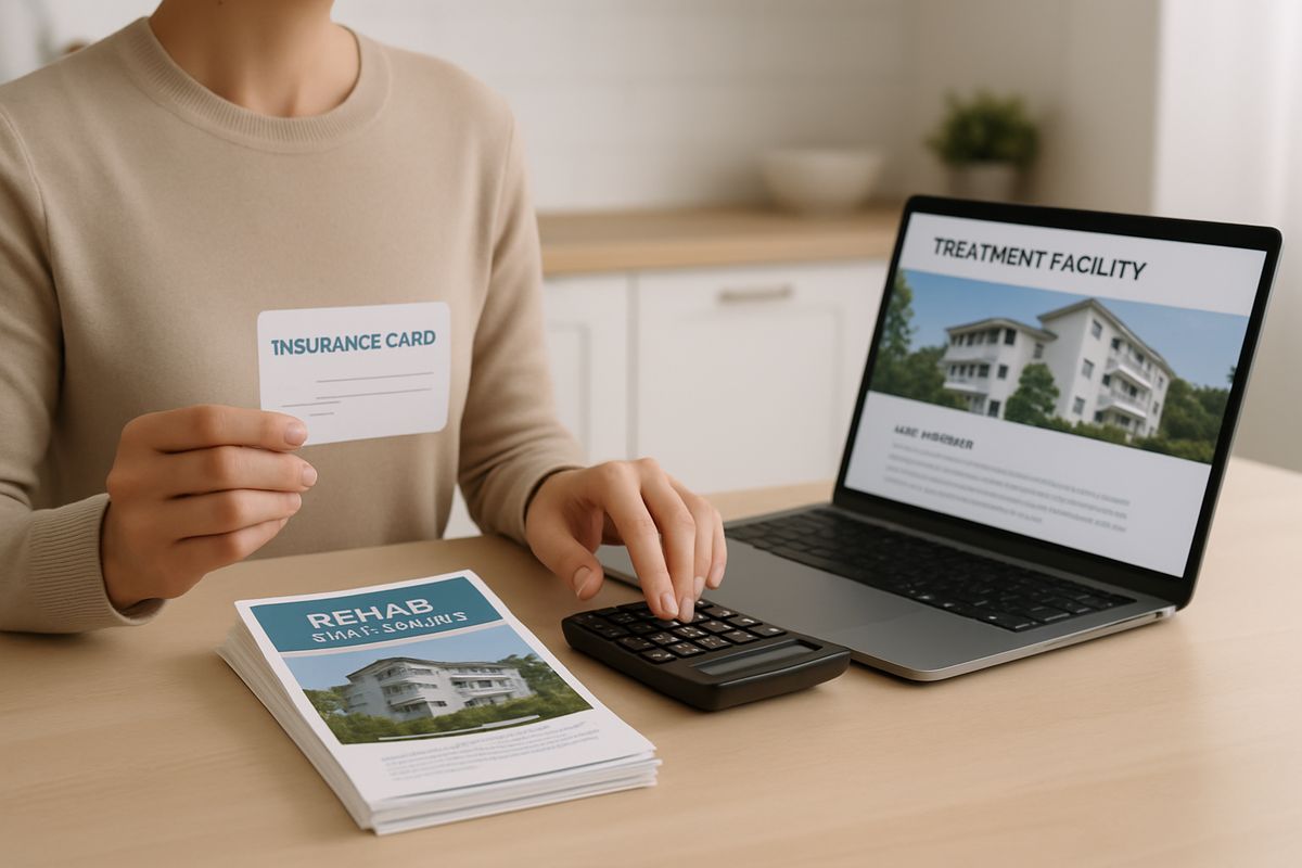 A person at a kitchen table comparing an insurance card, a calculator, and a stack of rehab brochures while a laptop shows a treatment facility webpage in the background