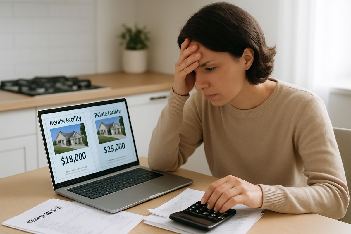 A person sitting at a kitchen table with a calculator, a stack of medical bills, and a laptop open to different rehab facility pages, looking overwhelmed while comparing prices