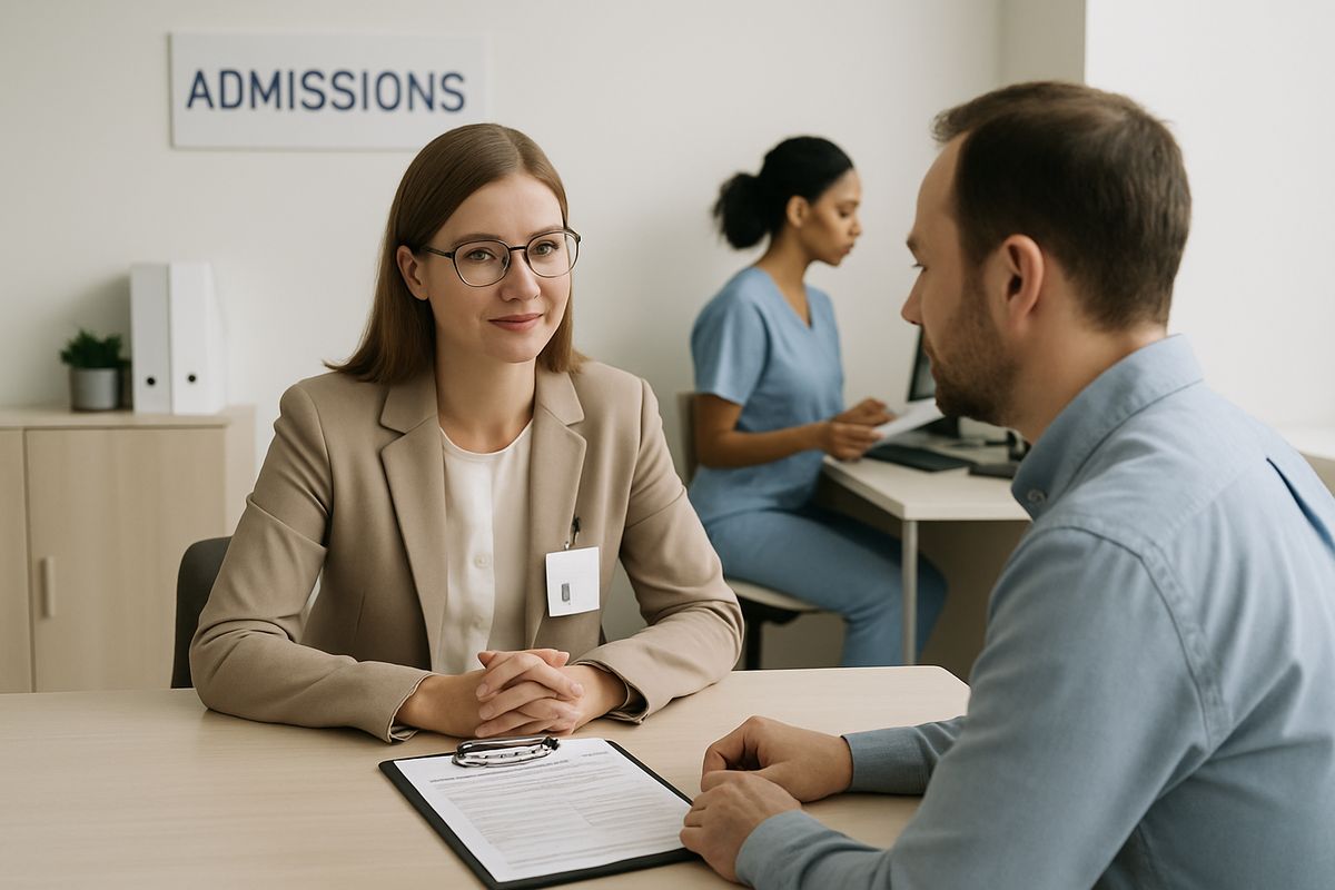 A calm admissions office scene with a counselor sitting across from a new client at a desk, a clipboard and medical forms between them, while a nurse reviews paperwork on a computer in the background