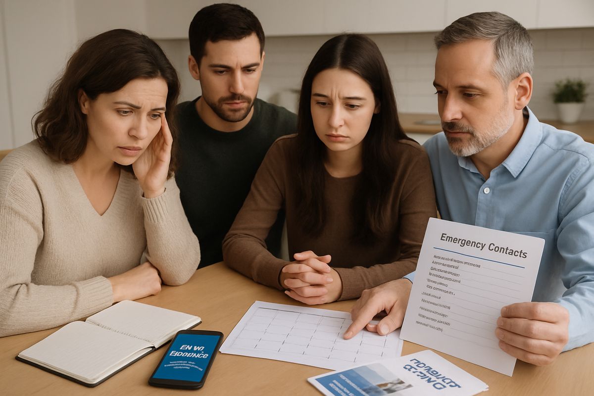 A worried family seated around a kitchen table with notebooks, a phone showing a rehab hotline, and a stack of printed treatment brochures, while one person calmly points to a calendar and another holds a list of emergency contacts