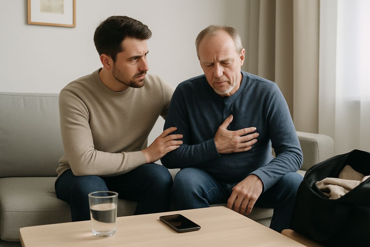 A worried family member sitting beside an adult on a couch who looks shaky and unwell, with a glass of water, a phone, and a half-packed overnight bag on a nearby table in a modest living room
