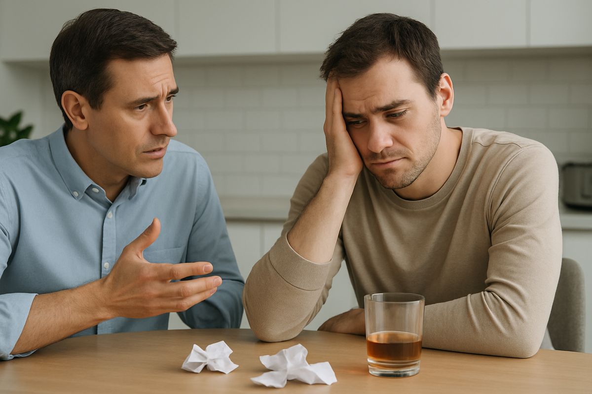 A worried family member sitting at a kitchen table across from a person who looks frustrated and tired, with an untouched drink and a few crumpled promises or notes nearby, showing a tense conversation about repeated failed attempts to quit