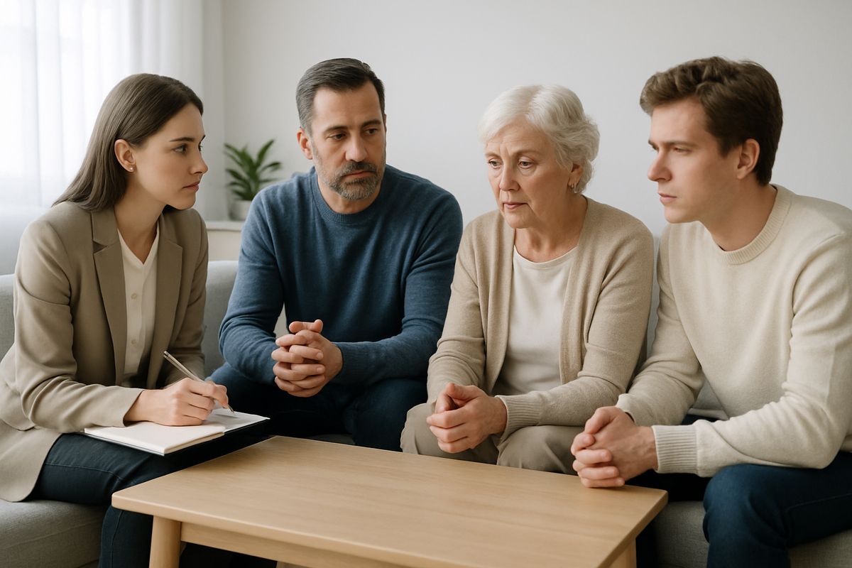 A small group of concerned family members sitting in a living room around a coffee table, speaking calmly with one person taking notes while another listens with folded hands