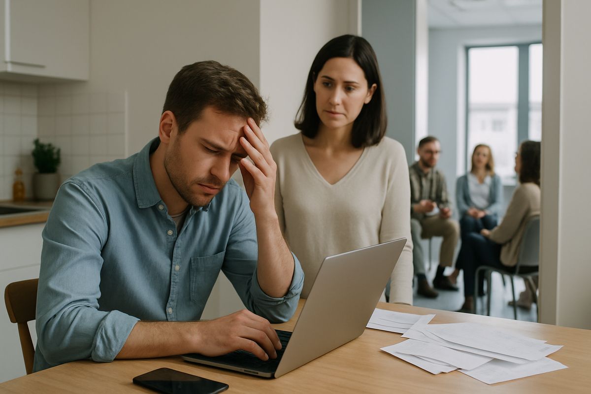 A stressed adult sitting at a kitchen table with a laptop, phone, and unopened bills beside them while a family member stands nearby, and in the background another scene shows a treatment facility with a support group meeting in progress