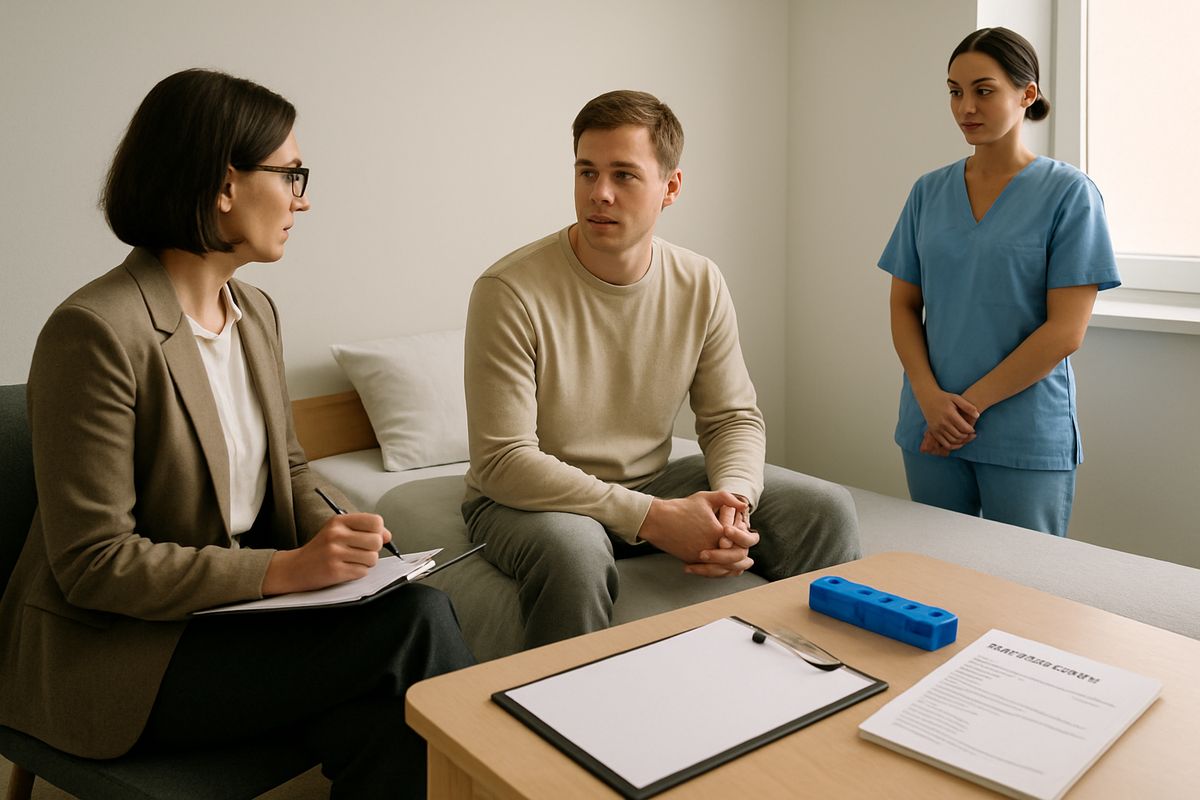 A patient in a modest recovery center bedroom with a therapist and nurse nearby, while a clipboard, pill organizer, and therapy notes sit on a bedside table, showing a live-in treatment setting with medical support