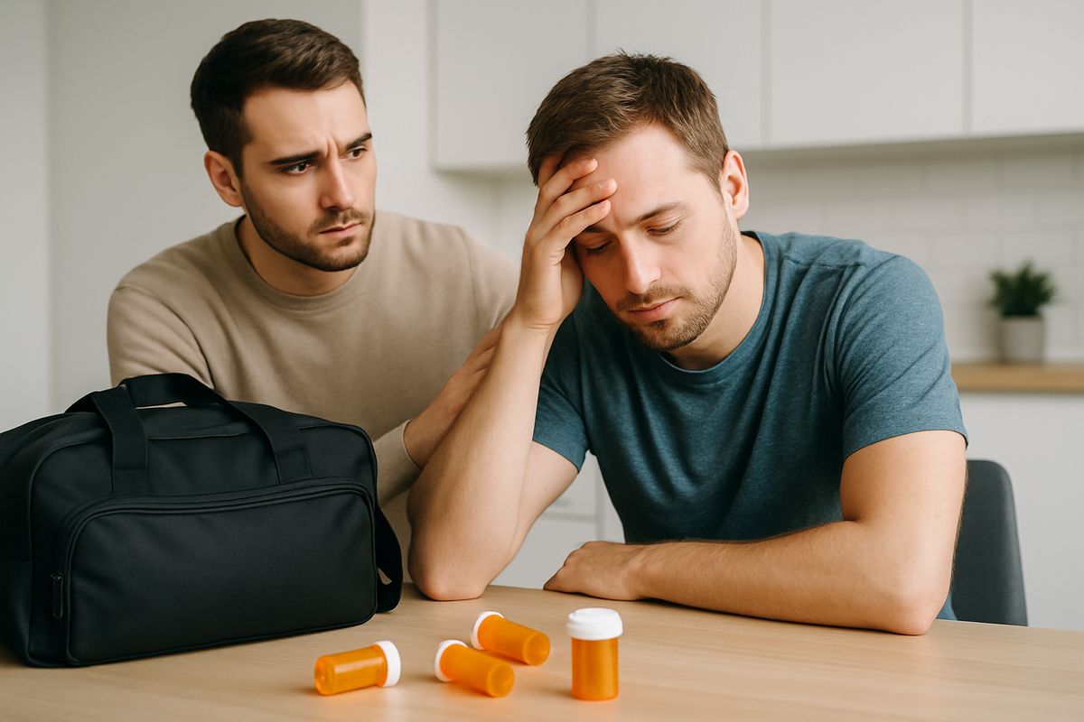 A worried family member standing beside an adult in casual clothes who looks exhausted, with empty pill bottles and a packed overnight bag on a kitchen table