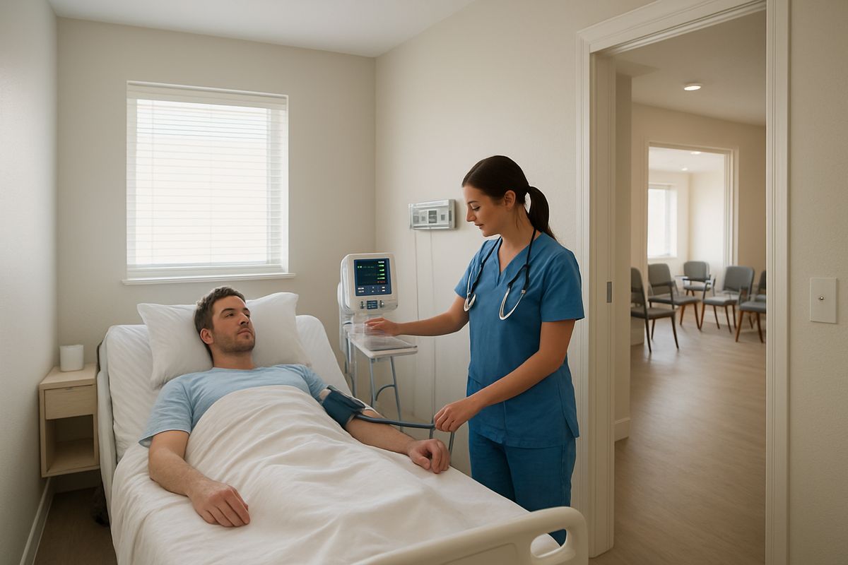 A clean medical detox room with a patient resting in bed, a nurse checking vital signs at the bedside, and a hallway beyond leading into a calm residential treatment area with group therapy chairs