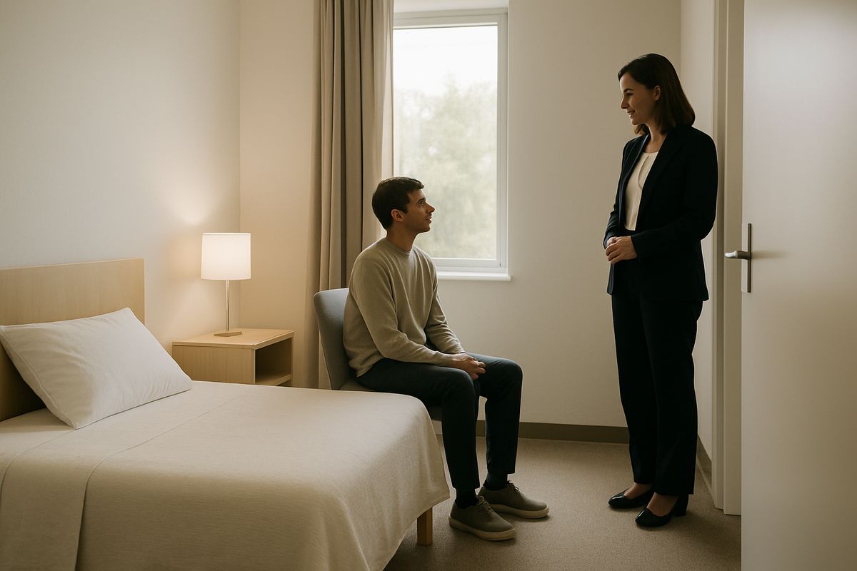 A calm private room in a treatment center with a neatly made bed, a chair, soft lighting, and a patient sitting quietly near the window while a staff member speaks with them respectfully at the doorway