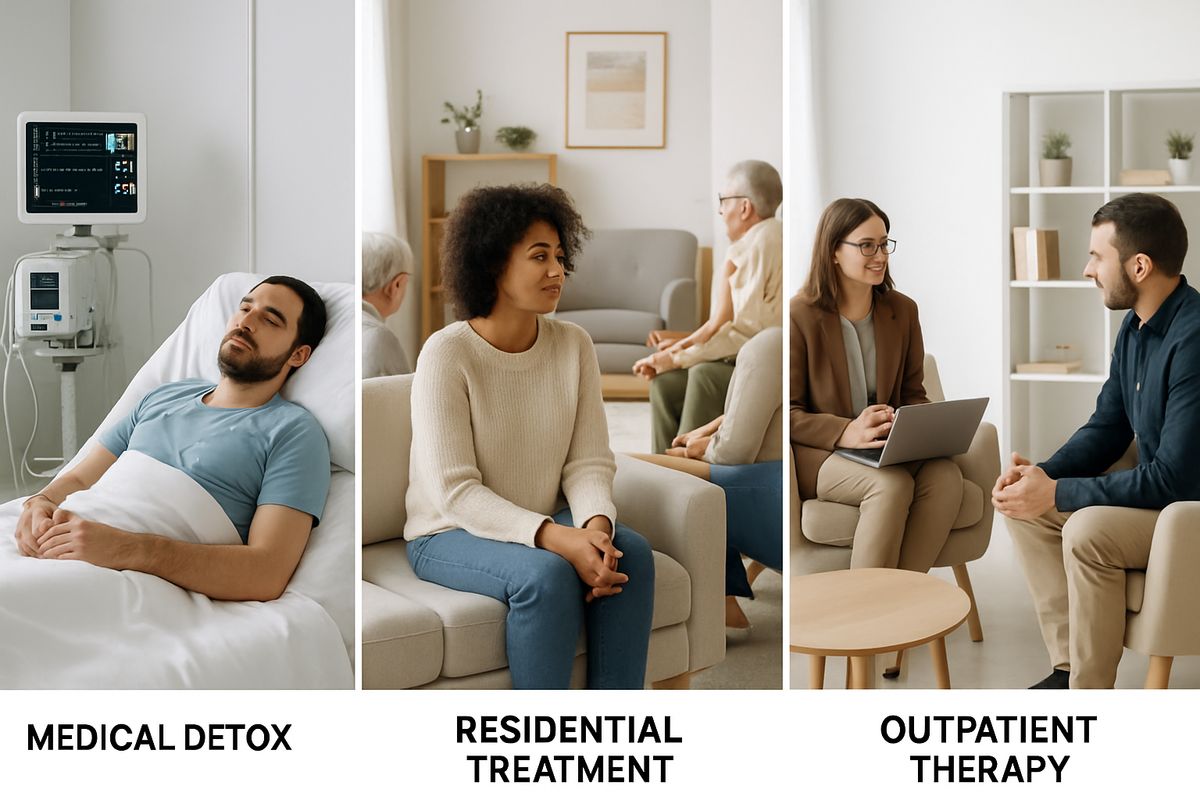 A split-scene style view of addiction treatment levels, showing a patient resting in a medical detox room with monitoring equipment, another person attending a group session in a residential center lounge, and two more people in daytime therapy rooms with laptops and chairs arranged for counseling