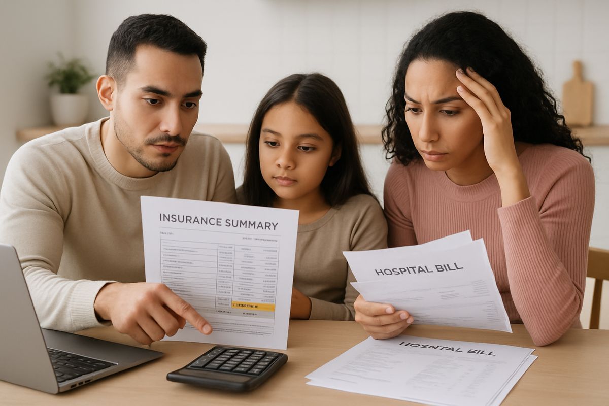 A family seated at a kitchen table with an insurance summary sheet, a laptop, a calculator, and a stack of hospital bills, while one person points to a highlighted estimate and another looks concerned