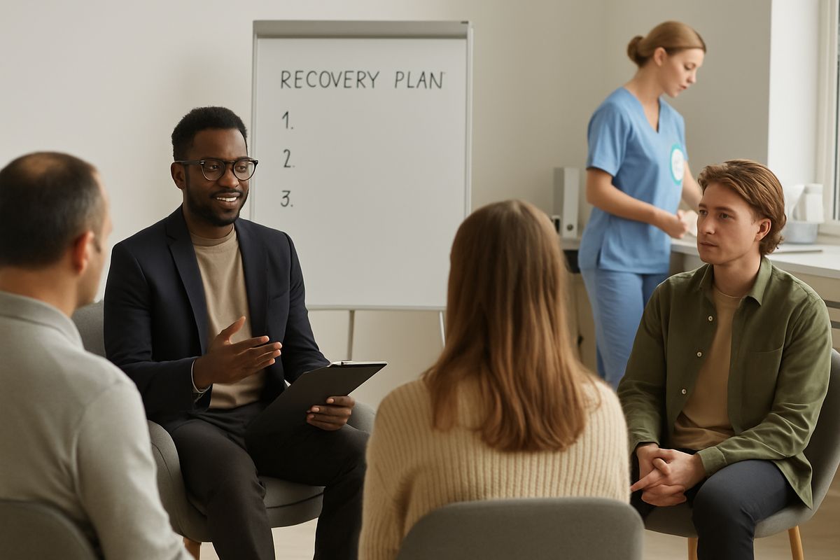 A counselor meeting with a small group in a therapy room, with a whiteboard, comfortable chairs, and a nurse in the background preparing medication and intake paperwork for a recovery plan