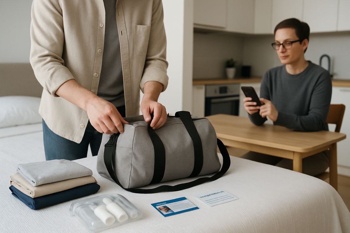 A person packing a small duffel bag on a bed with folded clothes, toiletries, an ID card, and an insurance card laid out beside it, while another adult checks details on a phone at a kitchen table