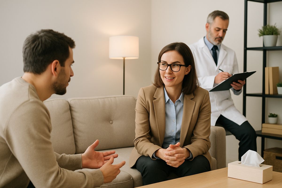 A therapist in a calm office speaking with a patient while a psychiatrist reviews a chart on a clipboard nearby, with a comfortable couch, tissues, and soft lighting suggesting integrated mental health and addiction care