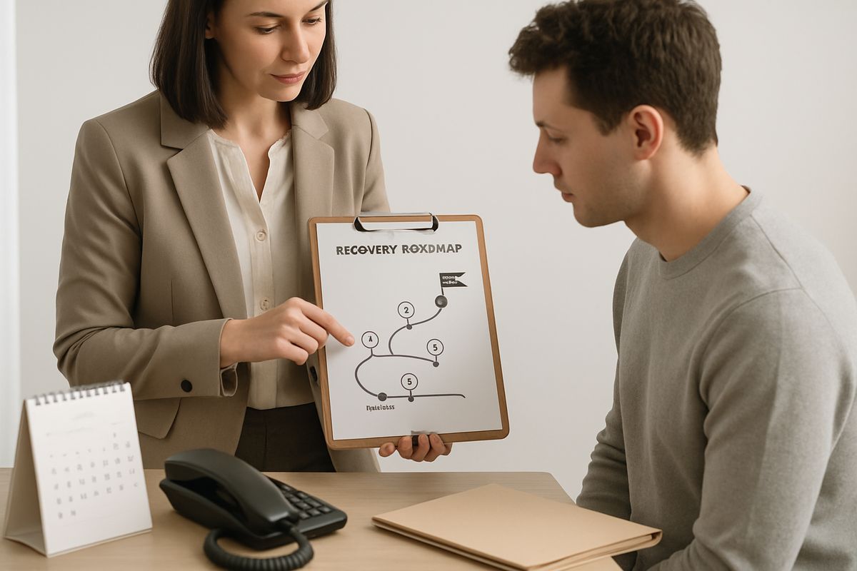 A counselor and a patient standing in a treatment office looking at a simple recovery roadmap on a clipboard, with a calendar, a phone, and a folder of follow-up documents on the desk