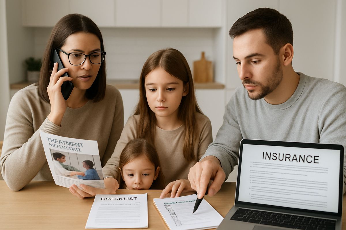 A family sitting at a kitchen table reviewing printed treatment brochures and insurance papers on a laptop, while one person speaks on the phone and another points to a checklist on a notepad