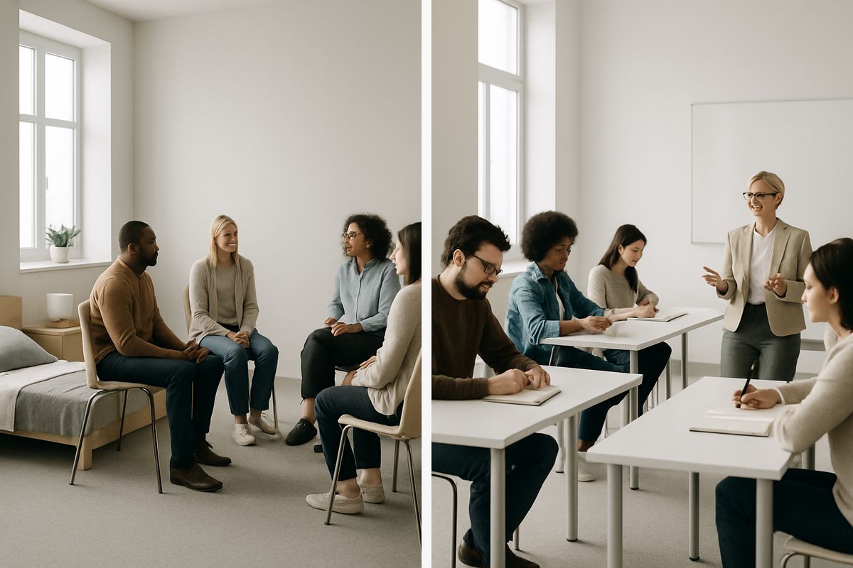 A split-care setting showing one side with a residential rehab dorm room and group therapy circle, and the other side with a day program classroom where a small group sits at tables with notebooks