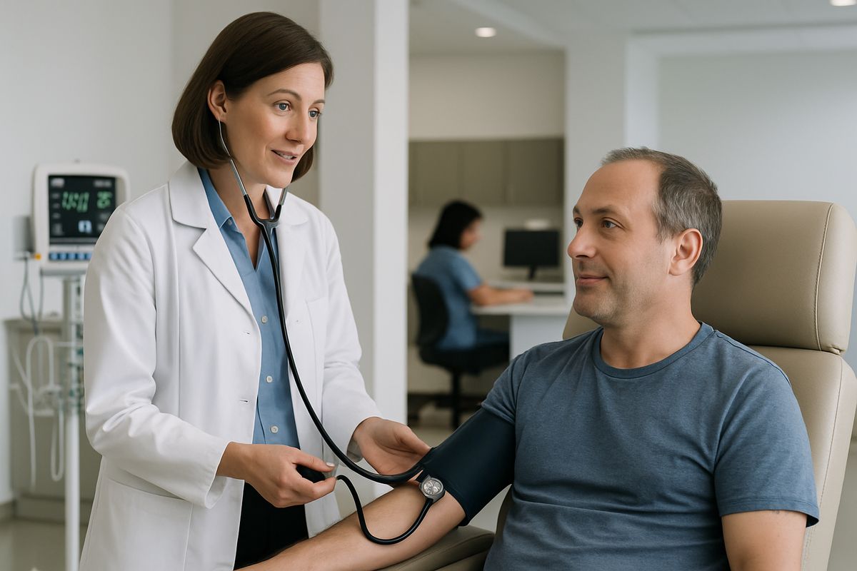 A clinician standing beside a patient in a treatment center, checking blood pressure and speaking calmly while medical equipment and a nurse station sit nearby