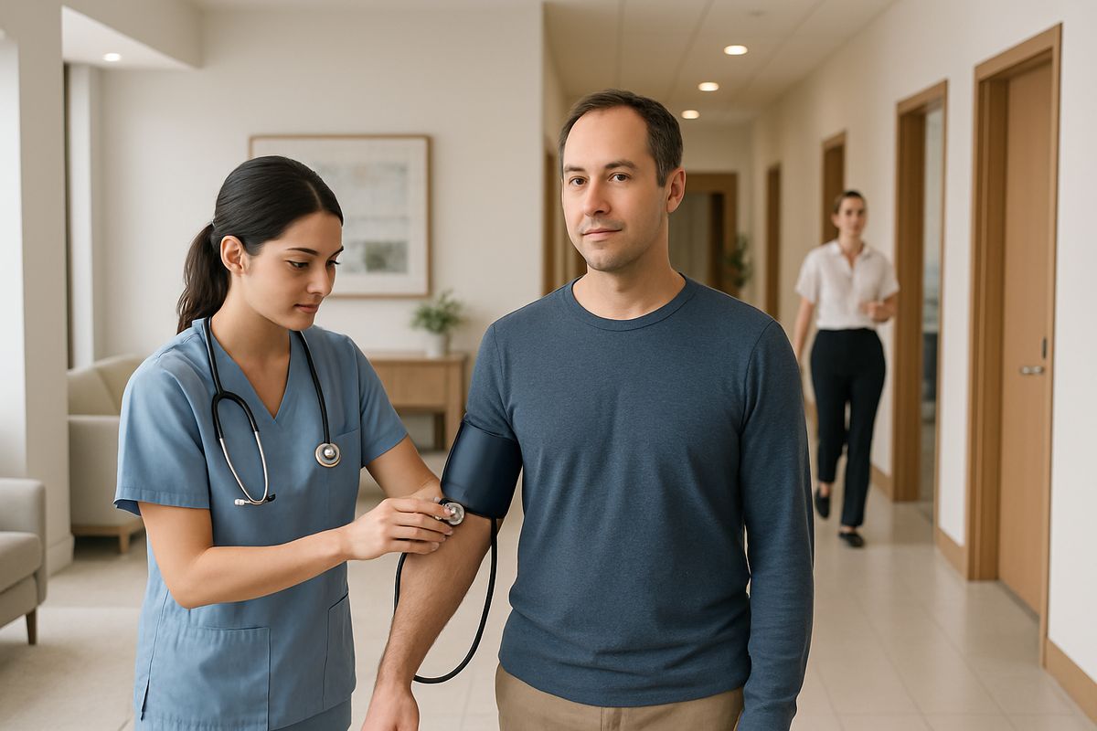 A patient standing in the lobby of a live-in treatment facility while a nurse checks vital signs nearby and staff move through a structured hallway with bedrooms and common areas visible