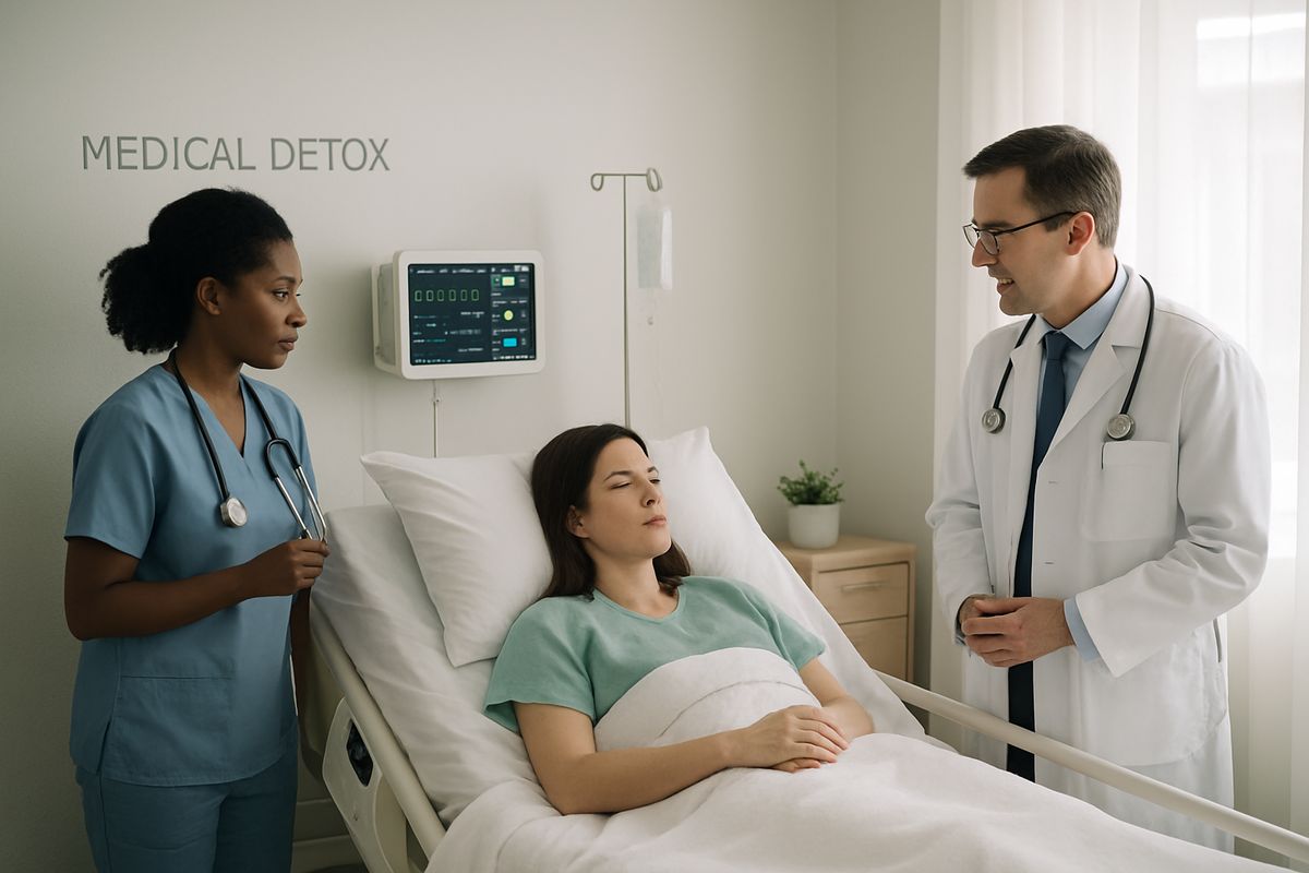 A calm medical detox room with a patient resting in a bed while a nurse checks vital signs and a doctor speaks with them at the bedside.