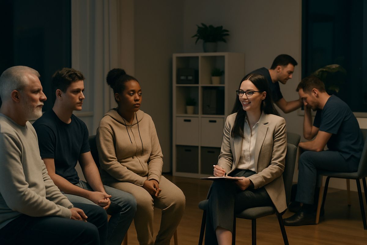 A small group of recovering patients sitting with a counselor in a common room late at night while a staff member offers one-on-one support to someone who looks distressed
