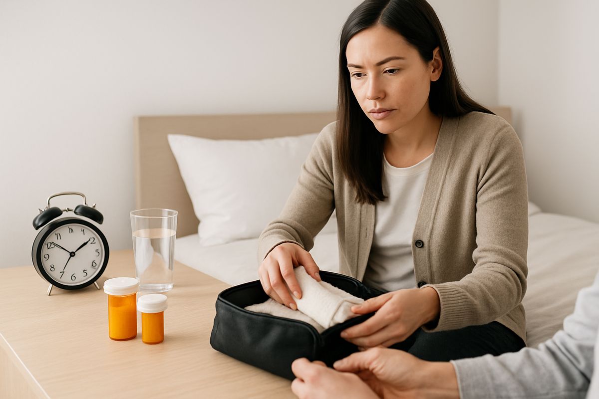 A quiet home bedroom with an alarm clock, a glass of water, prescribed medication bottles, and one trusted friend helping someone pack a small bag for treatment
