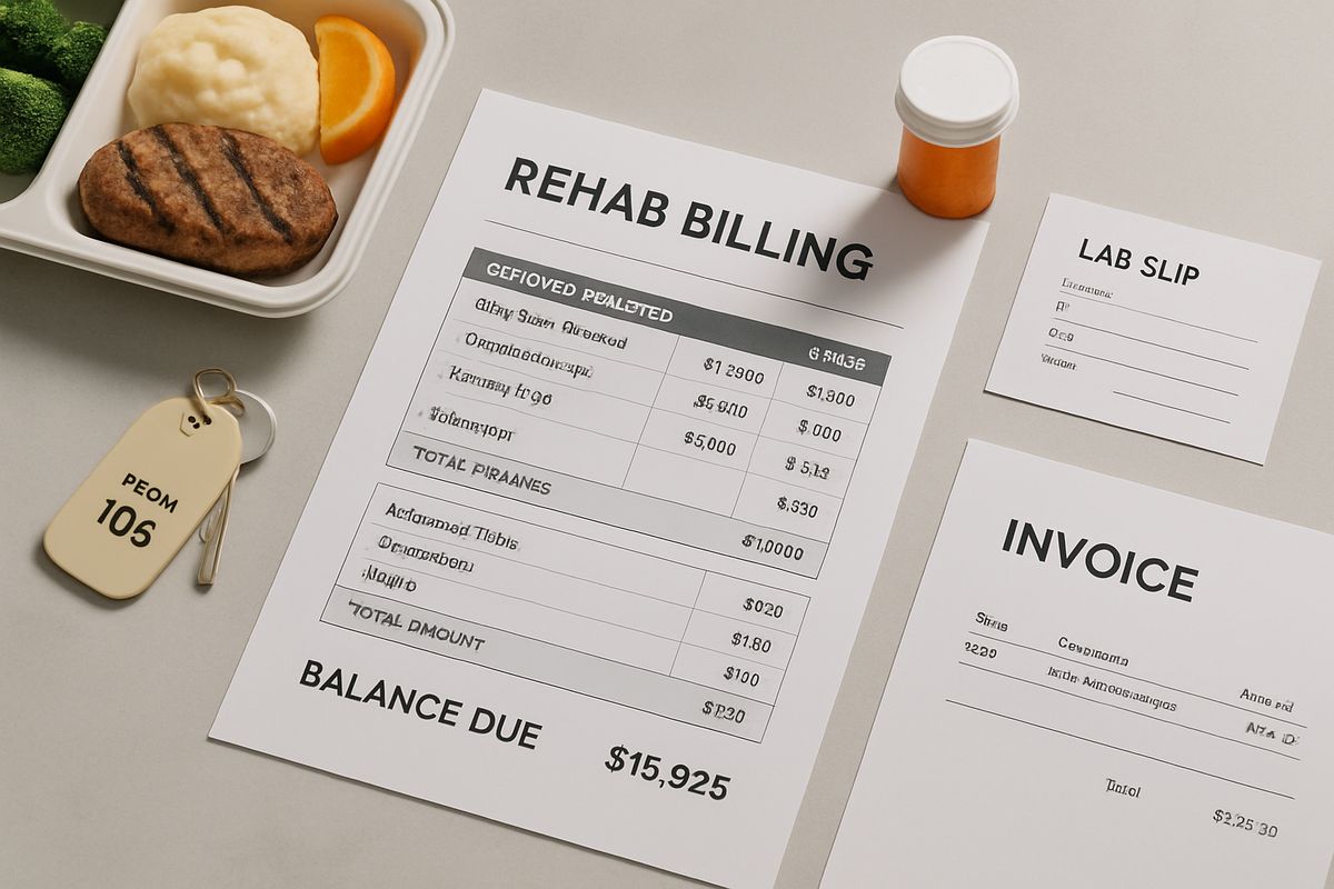 A flat lay of a rehab billing packet on a desk with a room key, meal tray, pill bottle, lab slip, and a separate invoice beside it, showing bundled services and extra charges