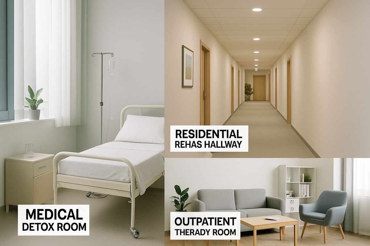 A collage-style scene of a medical detox room, a residential rehab hallway, and an outpatient therapy room, showing different levels of addiction treatment in one image