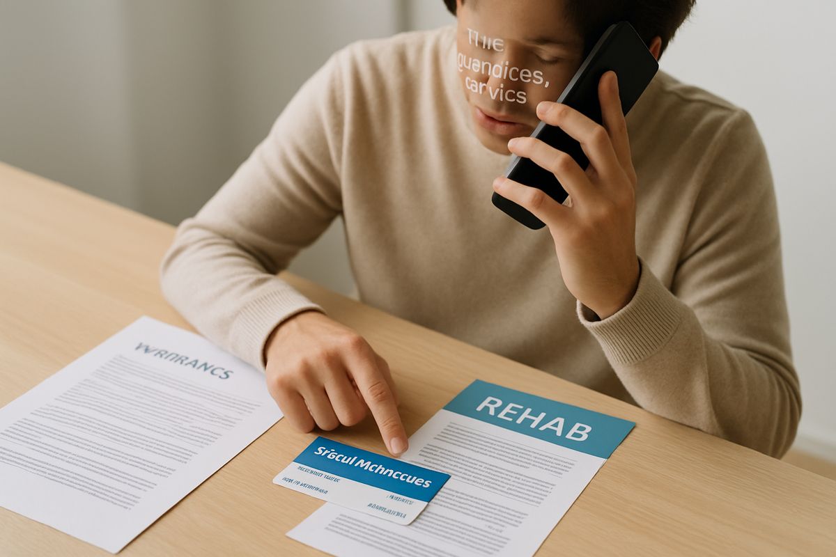 An insurance member services call scene with a person holding a smartphone to their ear, paperwork spread out on a desk, and another hand pointing at a rehab brochure and a health insurance card