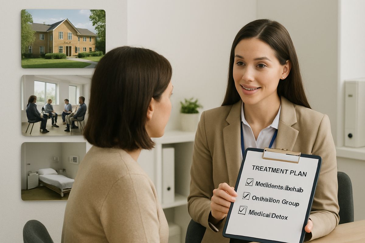 A family member speaking with an admissions counselor in a clinic office, looking at a simple treatment plan on a clipboard, with a residential rehab building, a daytime outpatient group room, and a medical detox room shown as small inset scenes on the wall