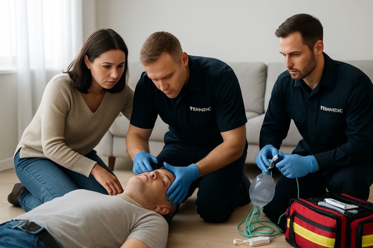 Paramedics and a family member kneeling beside an adult on the floor, with one responder checking breathing while another prepares medical equipment in a tense home setting